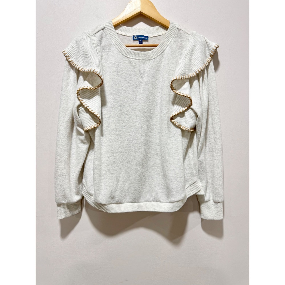 Democracy Womens Ruffle Shoulder Sweatshirt Gray Blanket Stitch Long Sleeve M